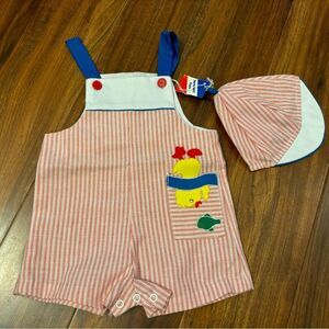 Cradle Togs Vintage stripe embroidered Duck/fish overall shorts with hat NWT